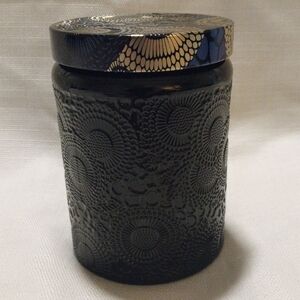 Voluspa Black Glass Candle Jar with Embossed Floral Medallion Design